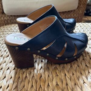 Navy Blue Leather Mules with Cutout Design and Wedge Heel